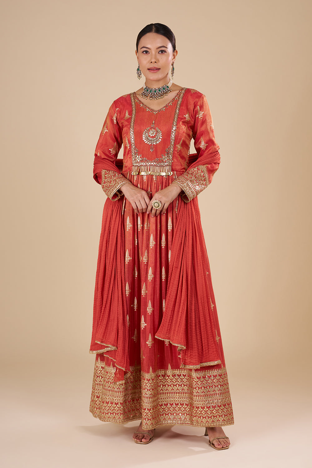 Rust Orange Brocade Anarkali Set