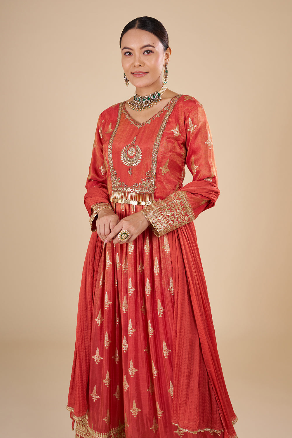 Rust Orange Brocade Anarkali Set