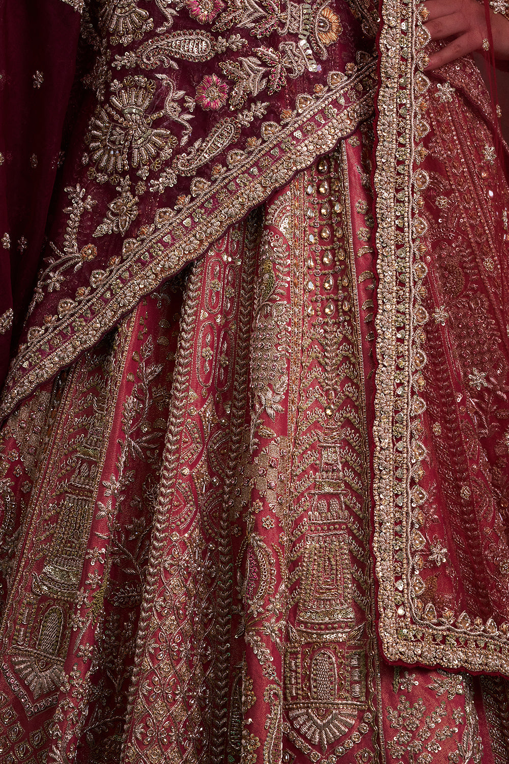 Rust Red Shimmer Tissue Bridal Lehenga with Zardozi and Resham Work
