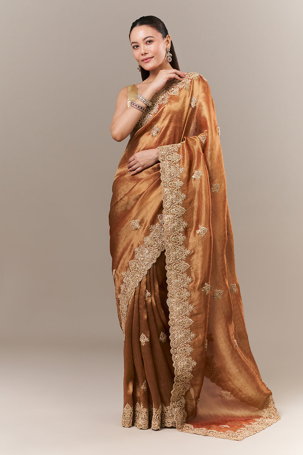 Rust Tissue Silk Saree with Zari and Sequin Work