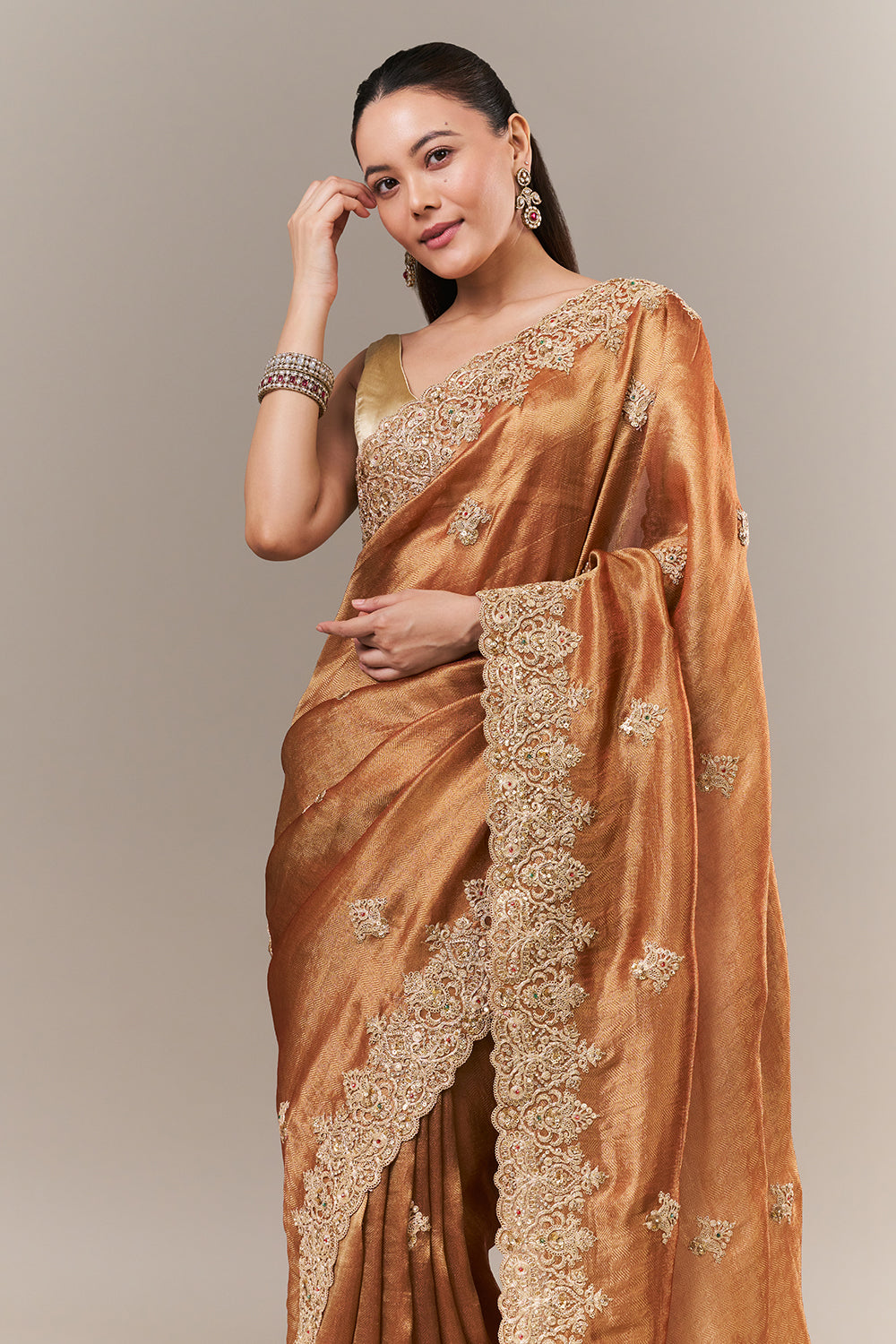 Rust Tissue Silk Saree with Zari and Sequin Work