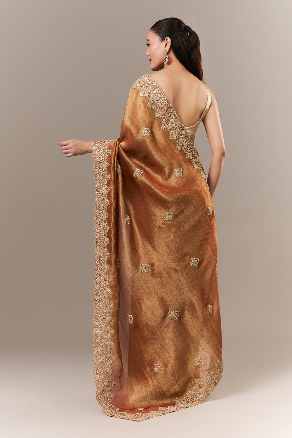 Rust Tissue Silk Saree with Zari and Sequin Work