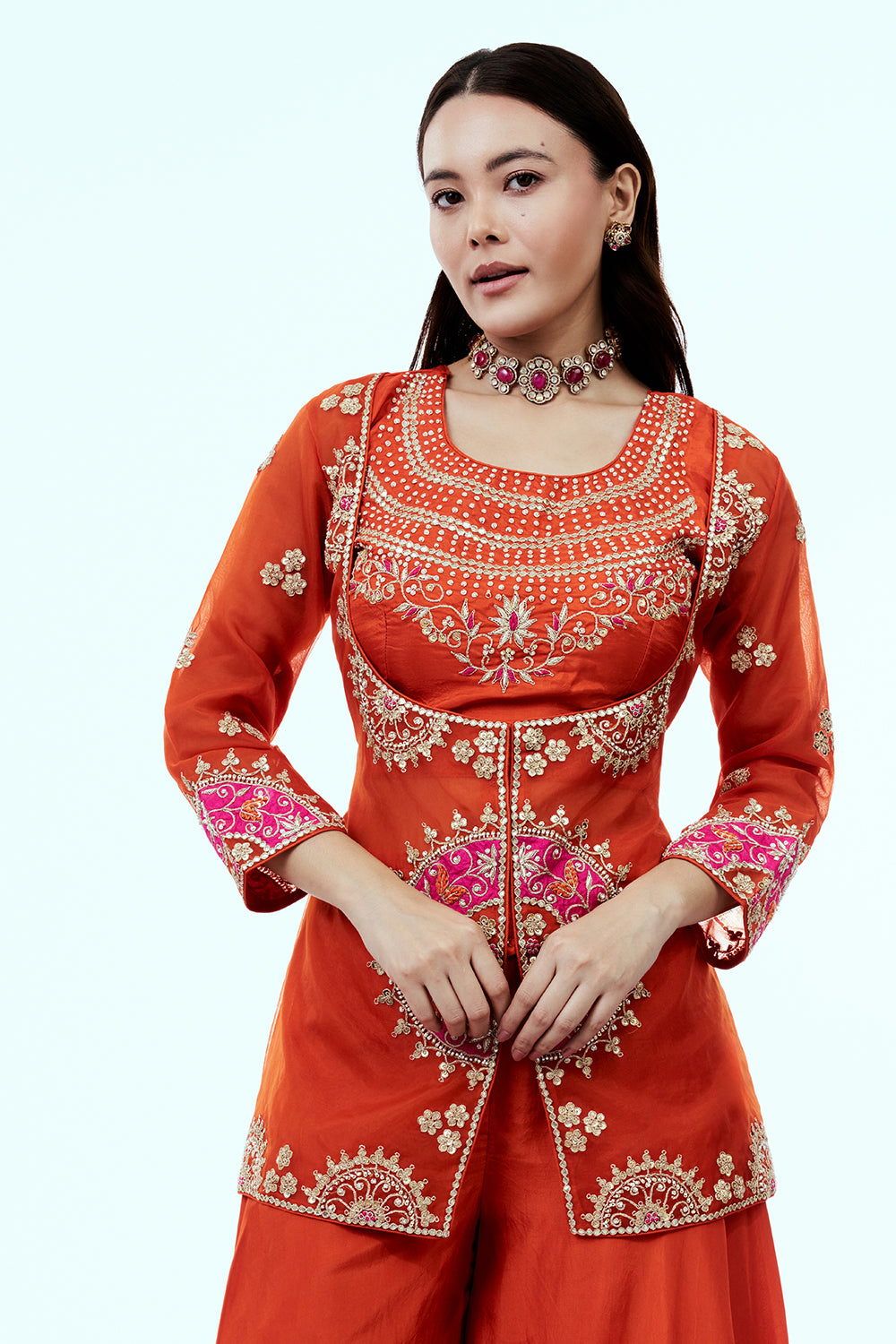 Rust Uppada Silk Suit Set with Gota Work