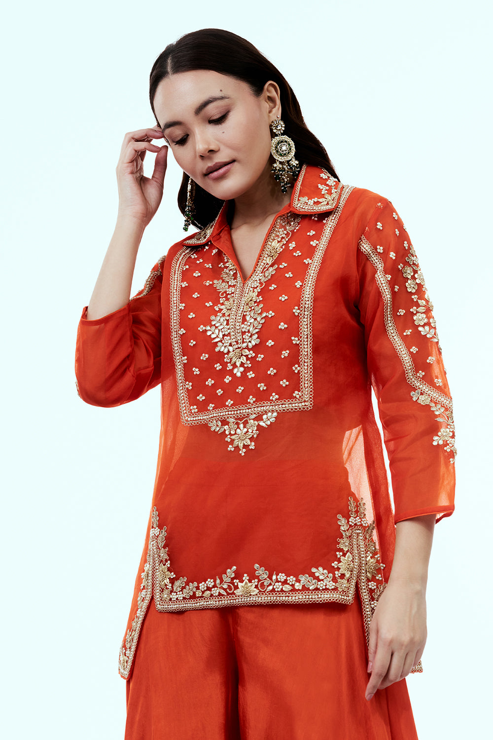 Rust Uppada Silk Suit Set with Zardosi and Gota Work