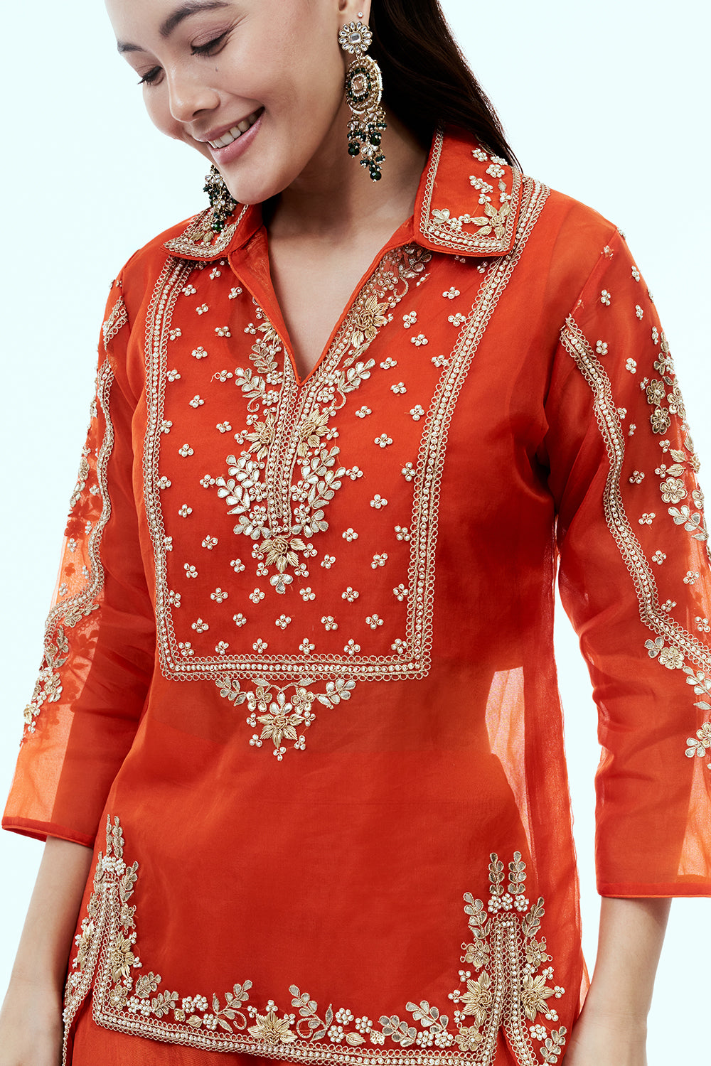 Rust Uppada Silk Suit Set with Zardosi and Gota Work