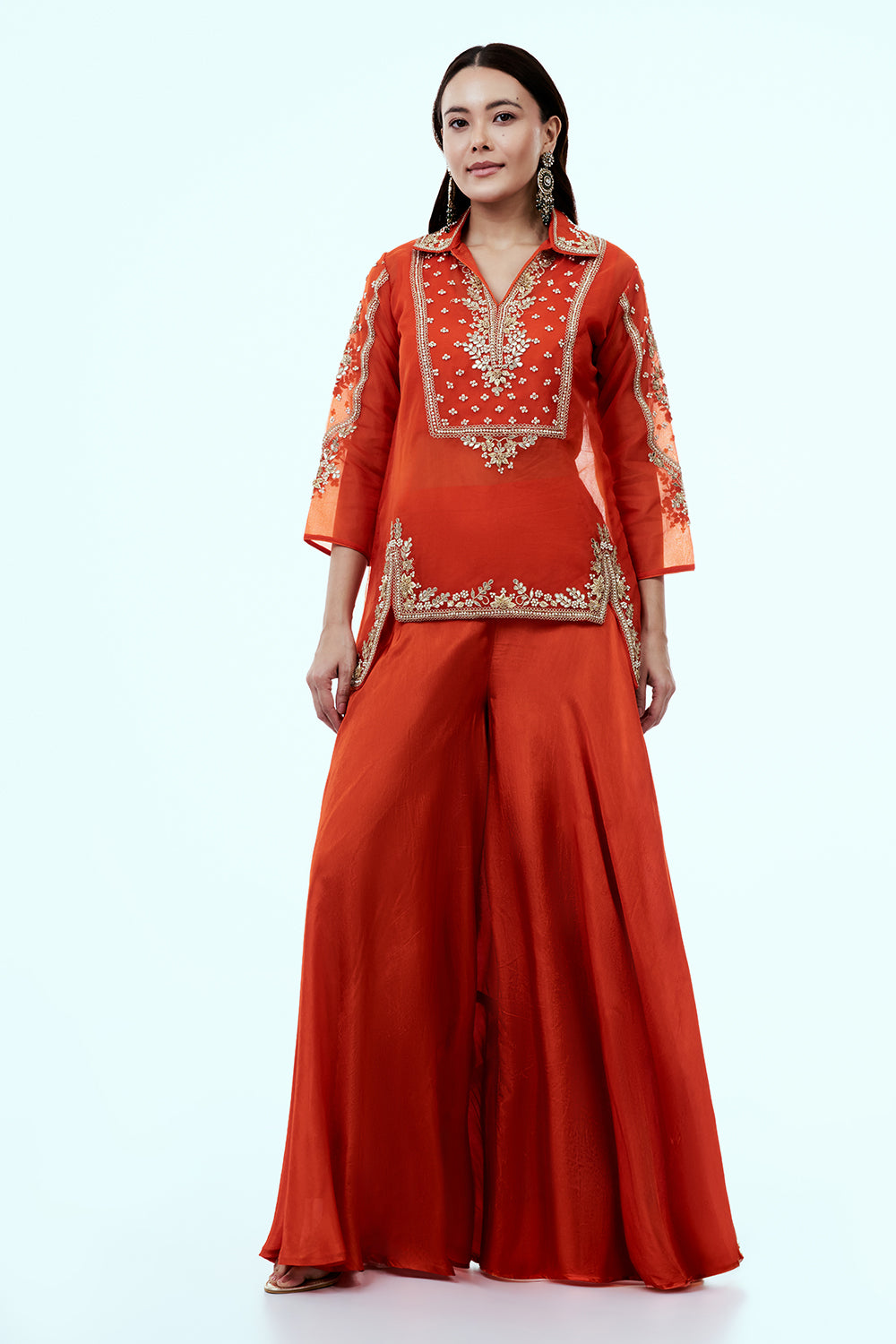 Rust Uppada Silk Suit Set with Zardosi and Gota Work
