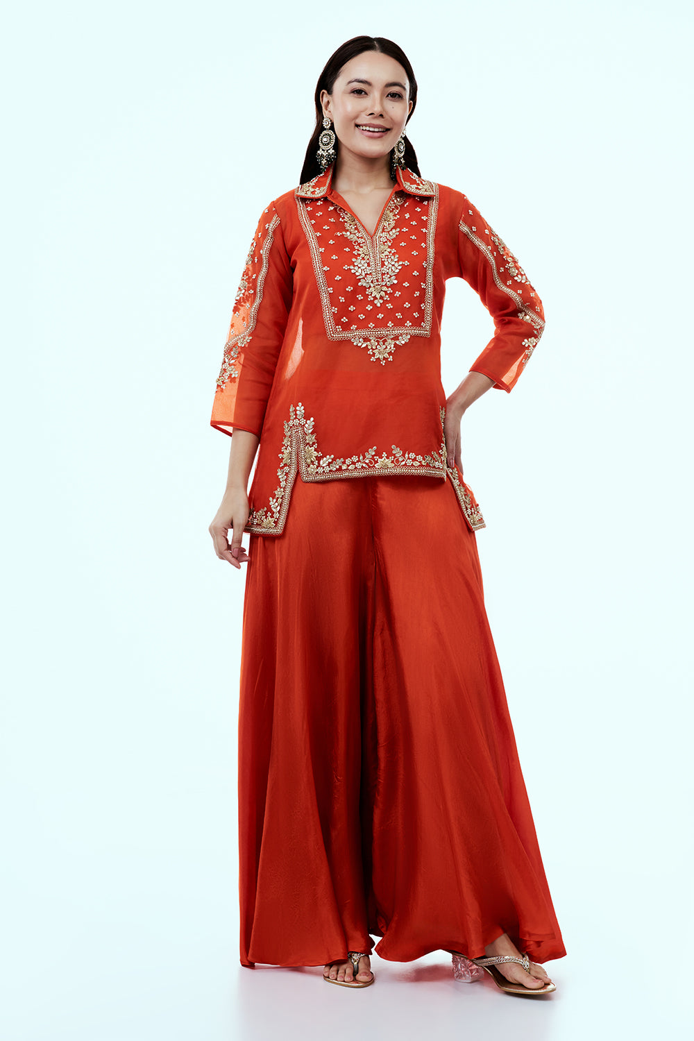 Rust Uppada Silk Suit Set with Zardosi and Gota Work