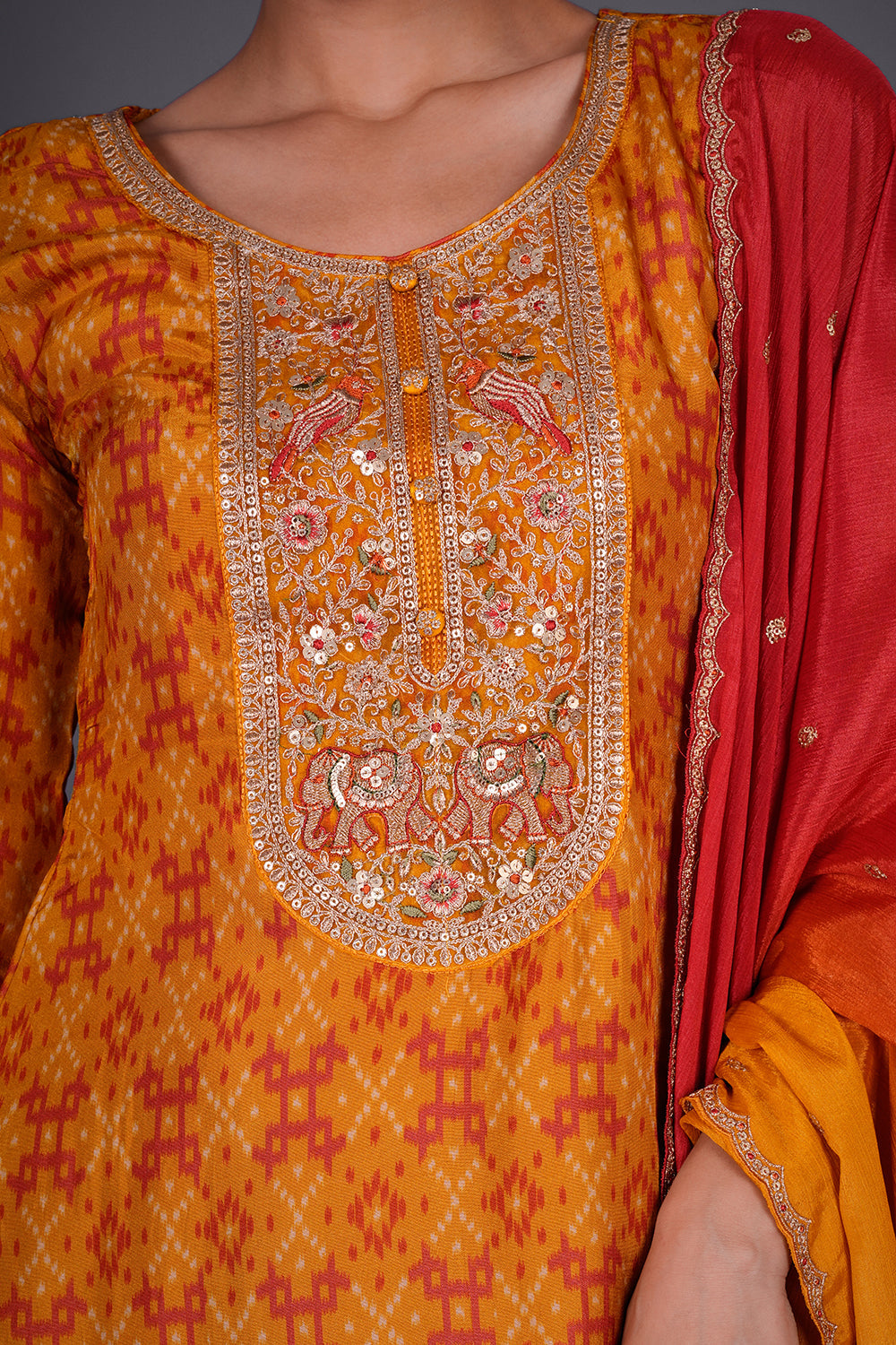 Rust Yellow Patola Print Silk Kurta Set with Patola Print Embroidery