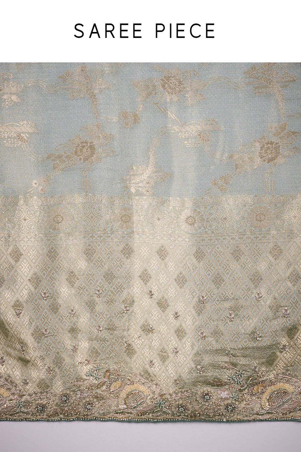 Sage Green and Gold Banarasi Saree with Zardozi Embroidery and Unstitched Blouse