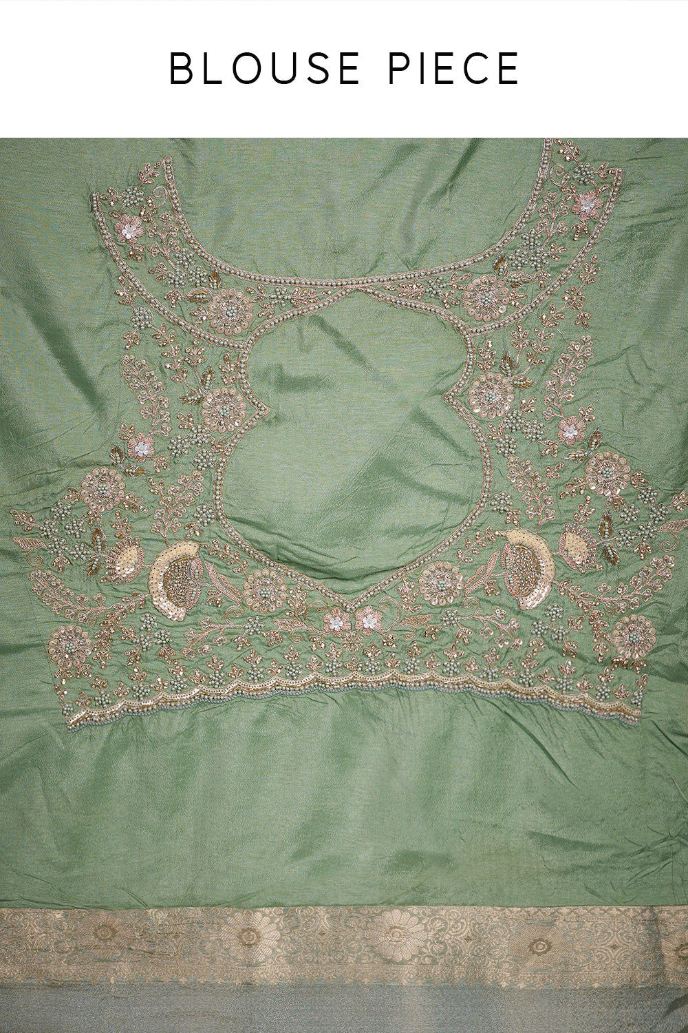 Sage Green and Gold Banarasi Saree with Zardozi Embroidery and Unstitched Blouse