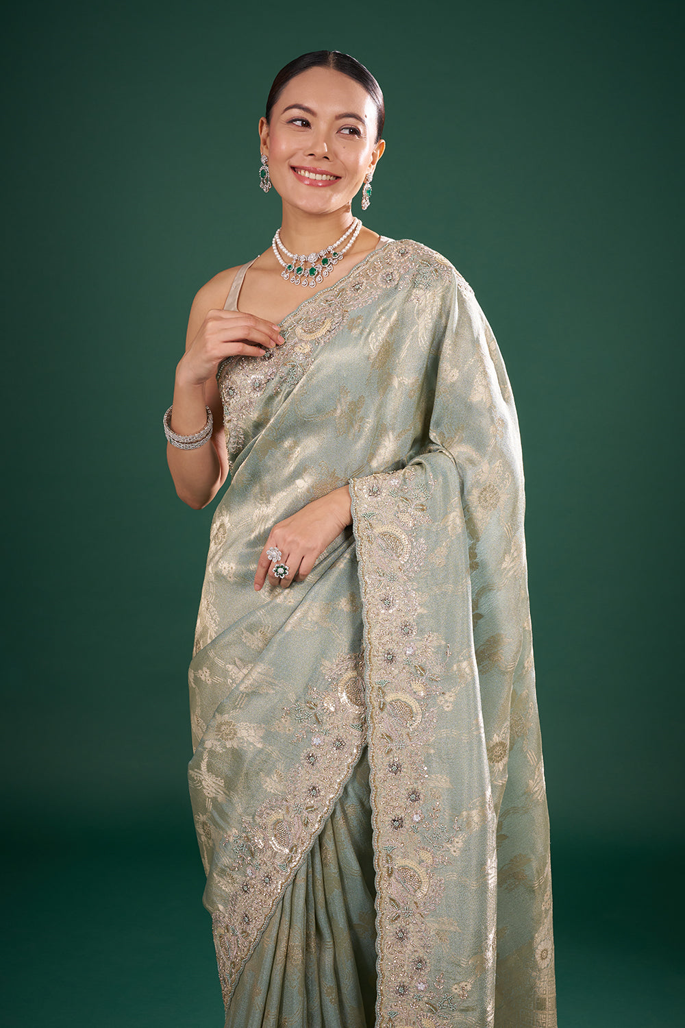 Sage Green and Gold Banarasi Saree with Zardozi Embroidery and Unstitched Blouse