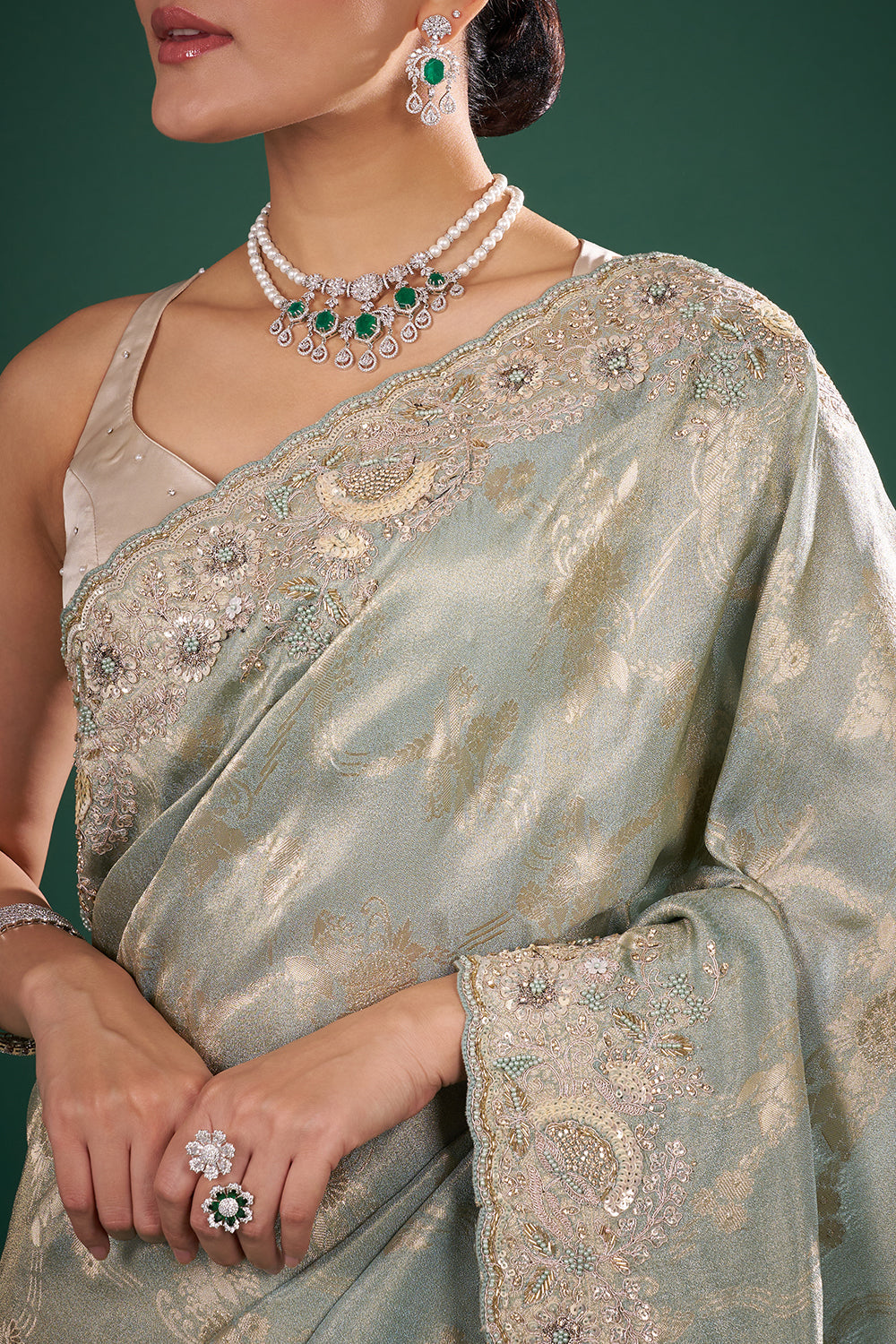 Sage Green and Gold Banarasi Saree with Zardozi Embroidery and Unstitched Blouse