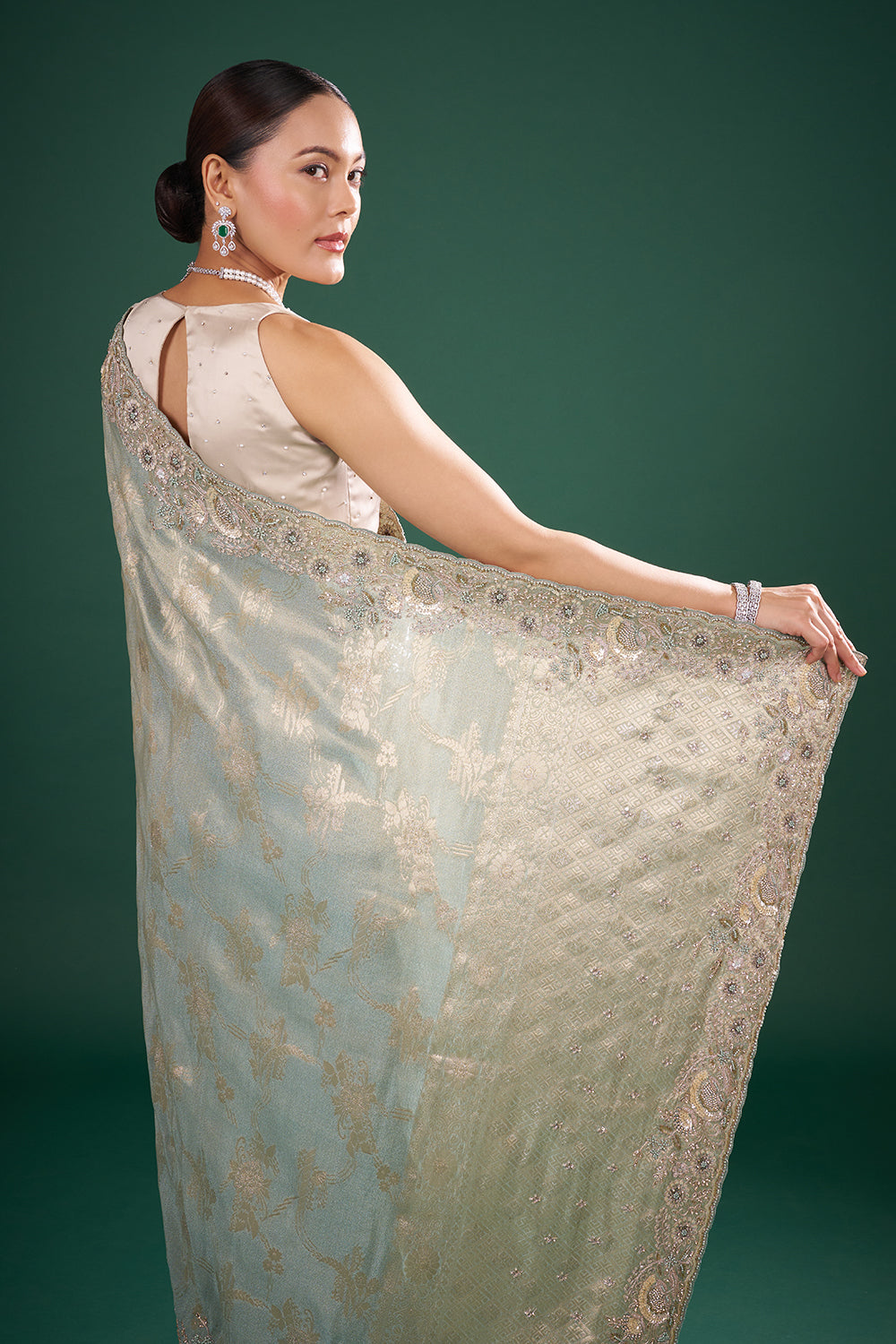 Sage Green and Gold Banarasi Saree with Zardozi Embroidery and Unstitched Blouse
