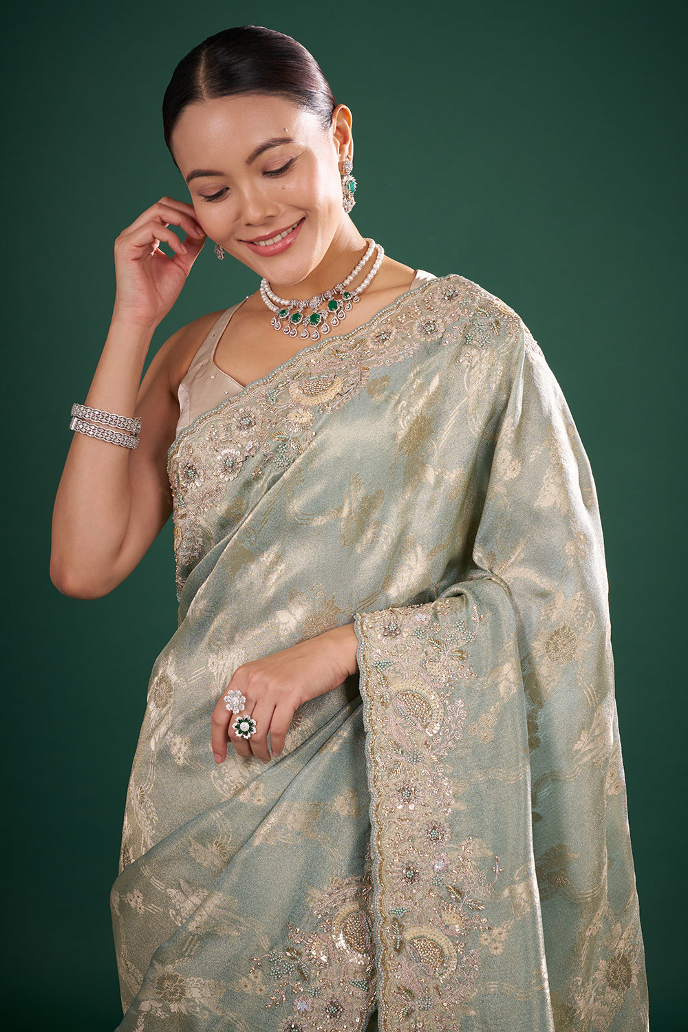 Sage Green and Gold Banarasi Saree with Zardozi Embroidery and Unstitched Blouse