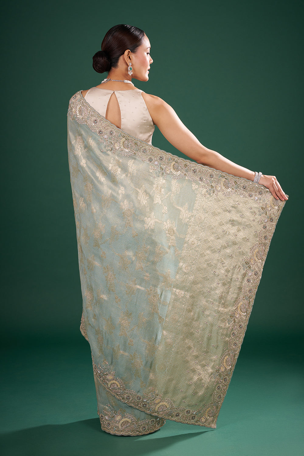 Sage Green and Gold Banarasi Saree with Zardozi Embroidery and Unstitched Blouse