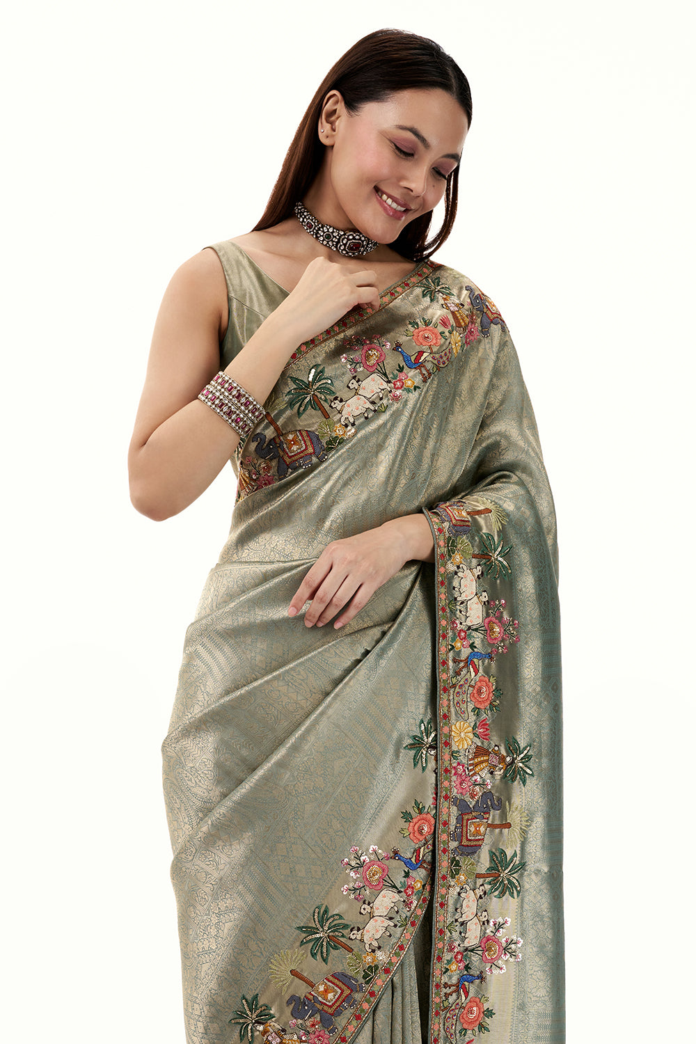 Sage Green Brocade Silk Saree with Resham and Zari Work