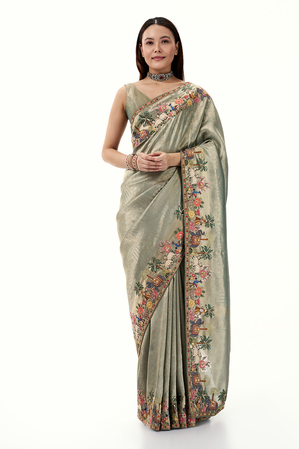Sage Green Brocade Silk Saree with Resham and Zari Work
