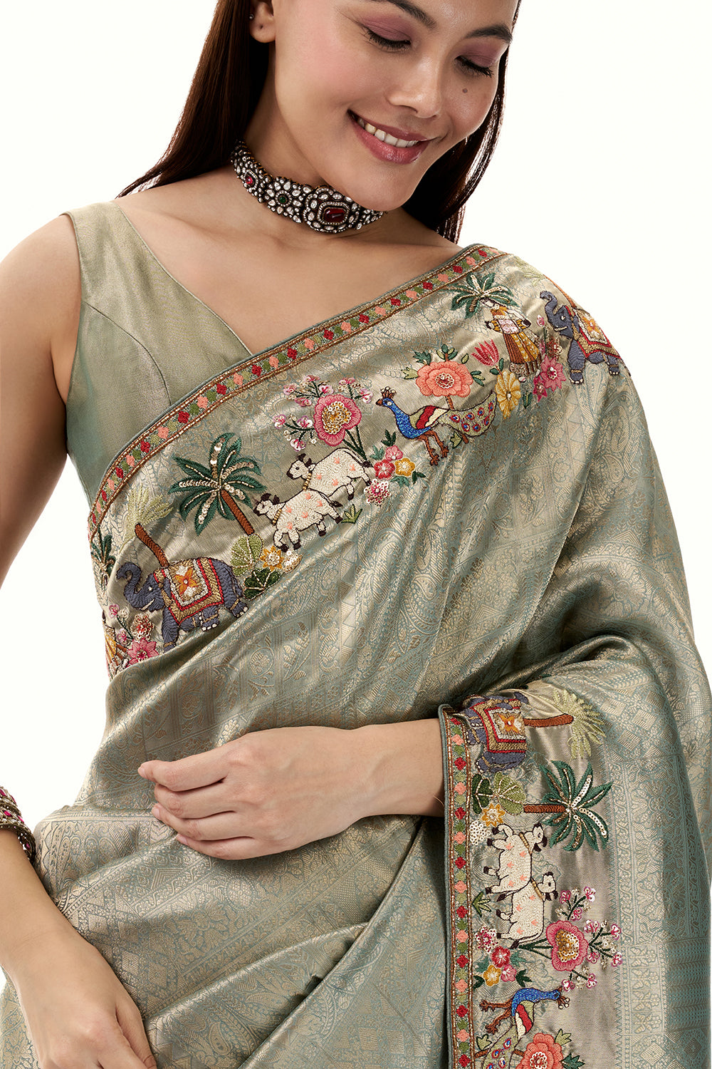 Sage Green Brocade Silk Saree with Resham and Zari Work