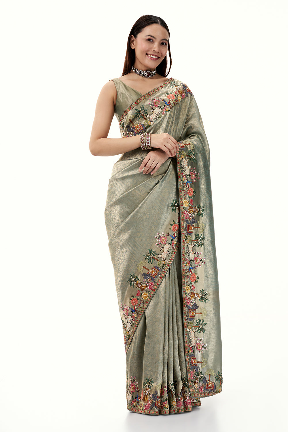 Sage Green Brocade Silk Saree with Resham and Zari Work