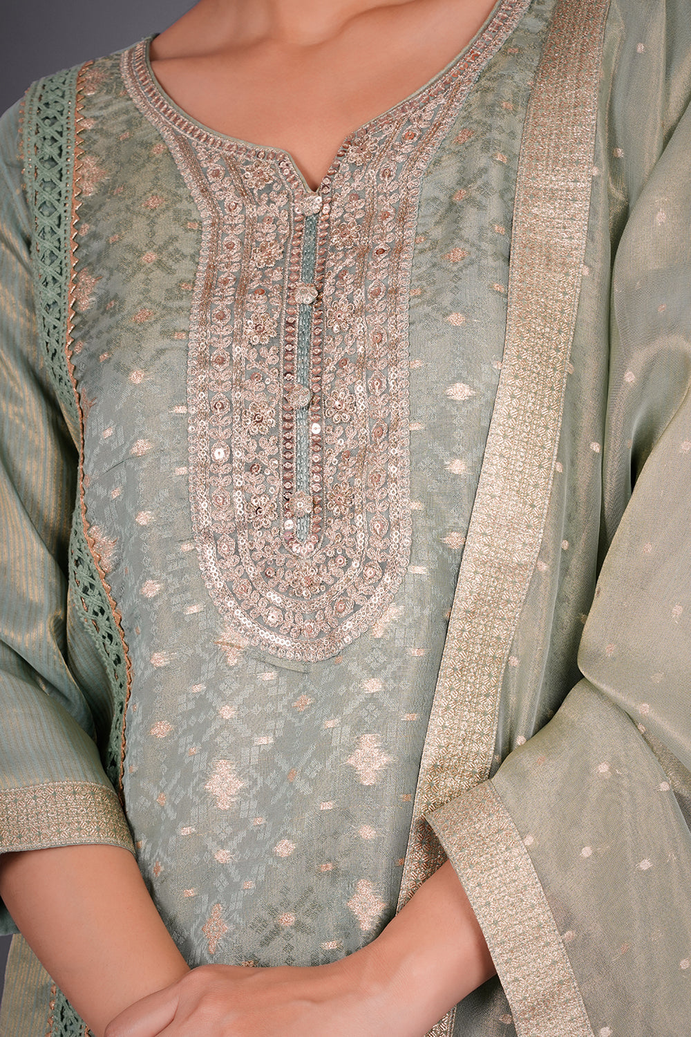 Sage Green Chanderi Kurta Set with Zari Embroidery
