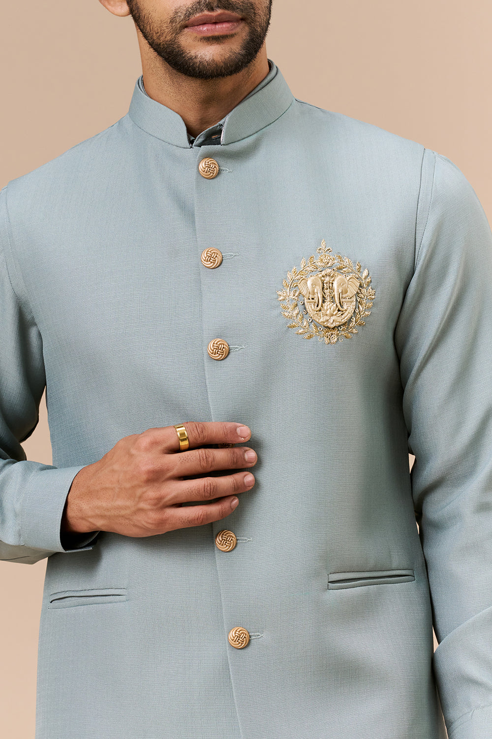 Sage Green Linen Bundi Set with Zardosi and Cut Dana Work