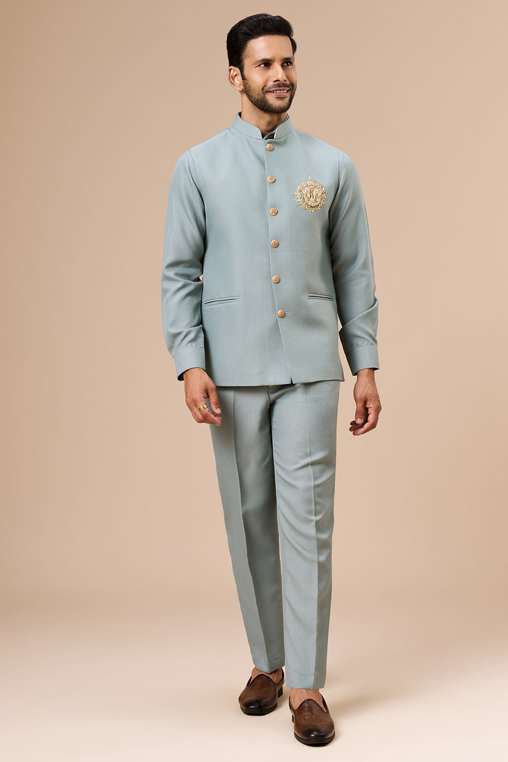 Sage Green Linen Bundi Set with Zardosi and Cut Dana Work