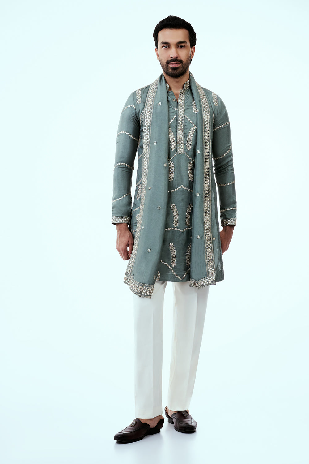 Sage Green Nokia Silk Mens Kurta Set with Mirror and Zari Work