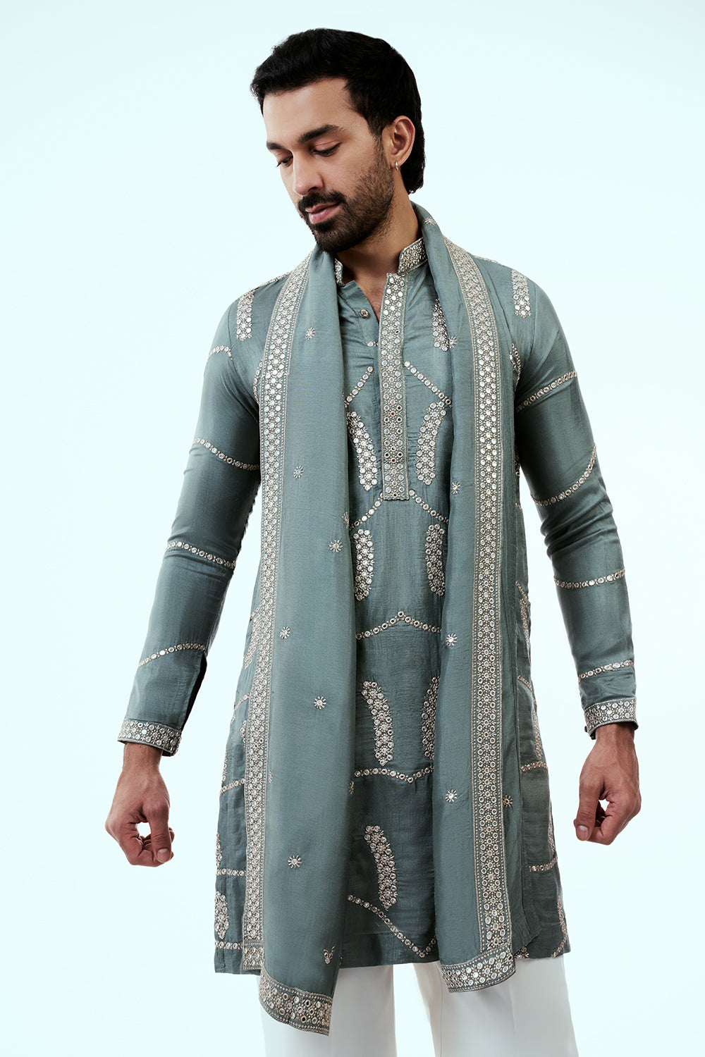 Sage Green Nokia Silk Mens Kurta Set with Mirror and Zari Work