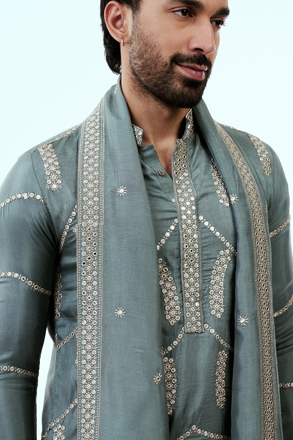 Sage Green Nokia Silk Mens Kurta Set with Mirror and Zari Work