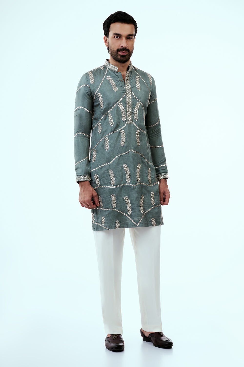 Sage Green Nokia Silk Mens Kurta Set with Mirror and Zari Work