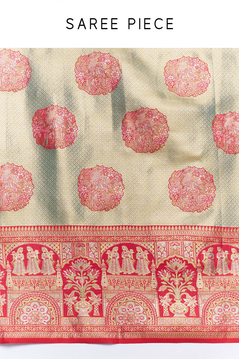 Sage Green Red Banarasi Tissue Silk Printed Saree