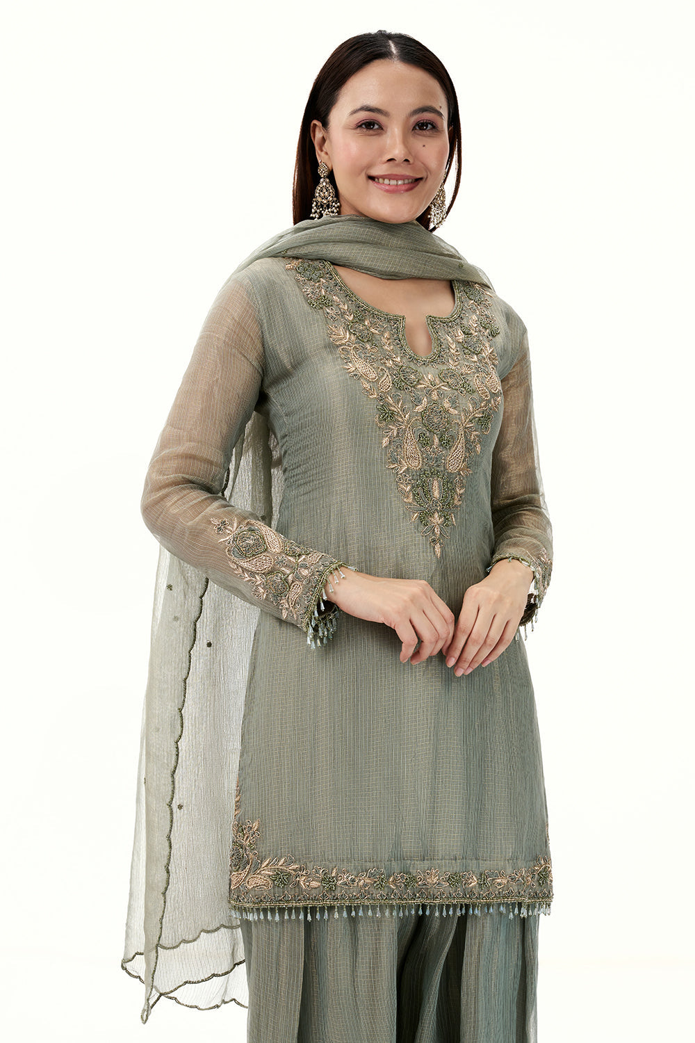 Sage Green Tissue Suit with Zardosi and Resham Work