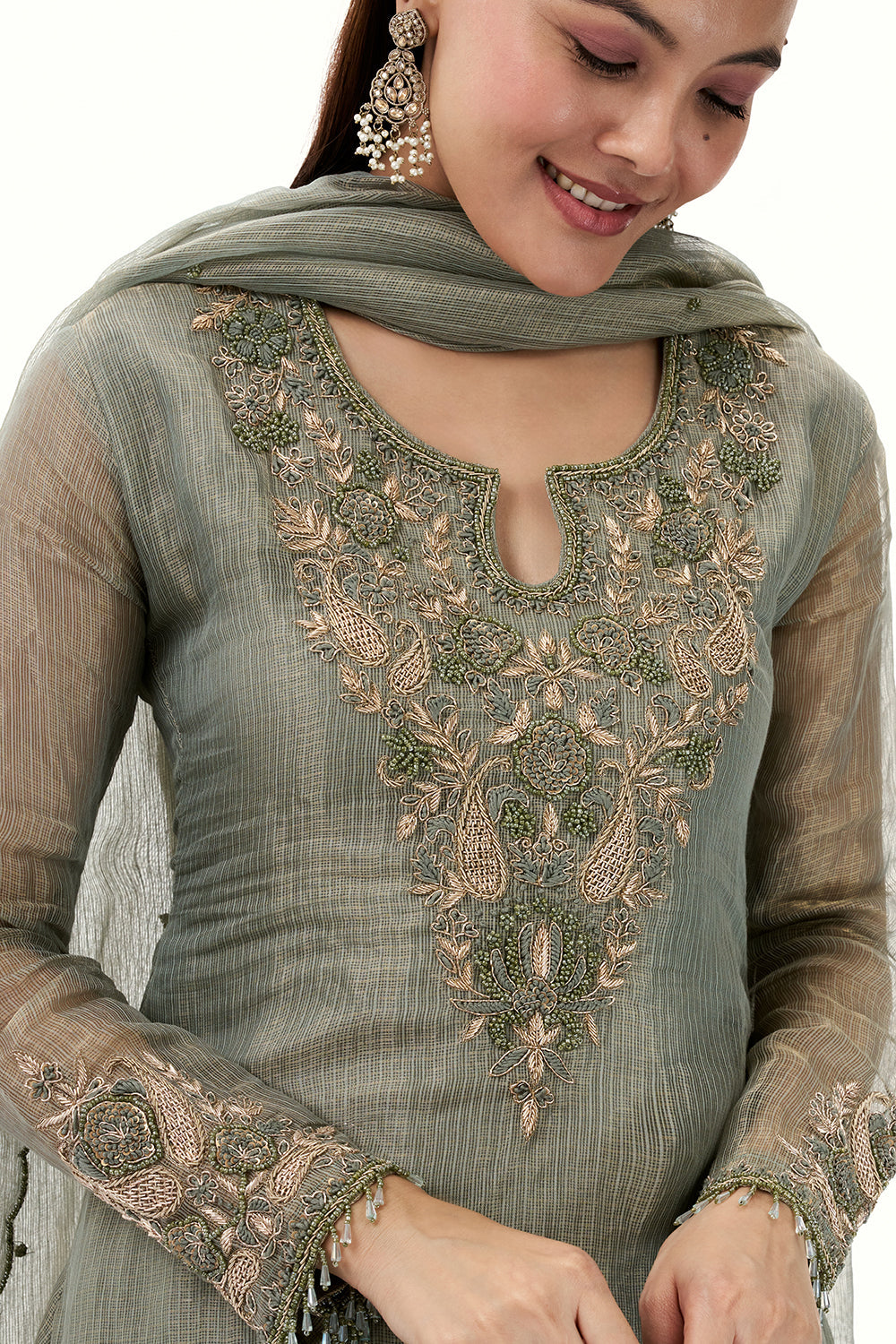 Sage Green Tissue Suit with Zardosi and Resham Work
