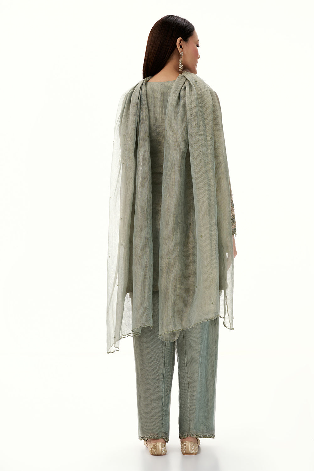 Sage Green Tissue Suit with Zardosi and Resham Work