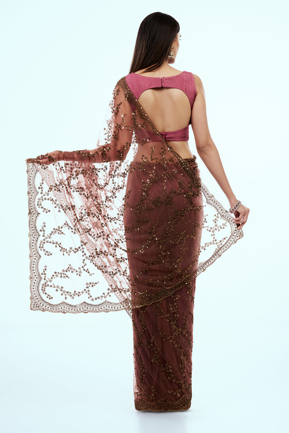 Salmon Pink Net Saree with Bronze Sequin Work