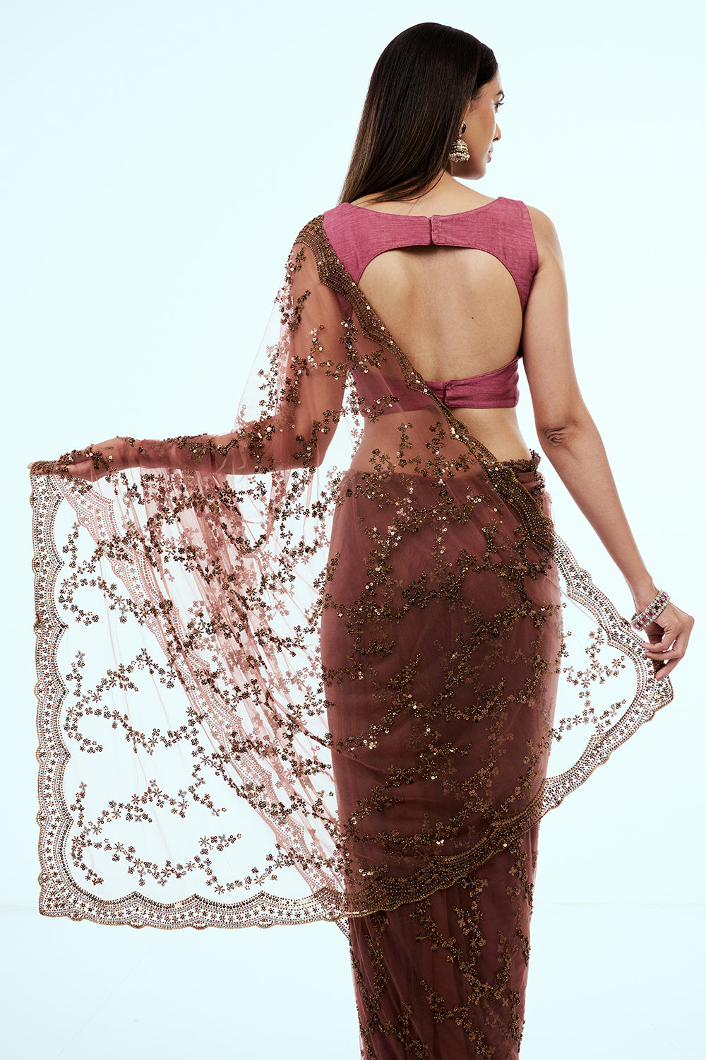 Salmon Pink Net Saree with Bronze Sequin Work
