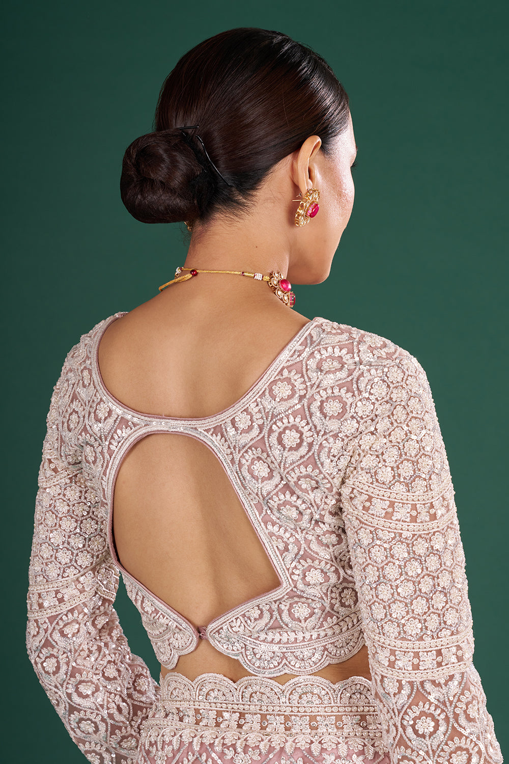 Powder Pink Net Saree with Scalloped Border and Stitched Blouse