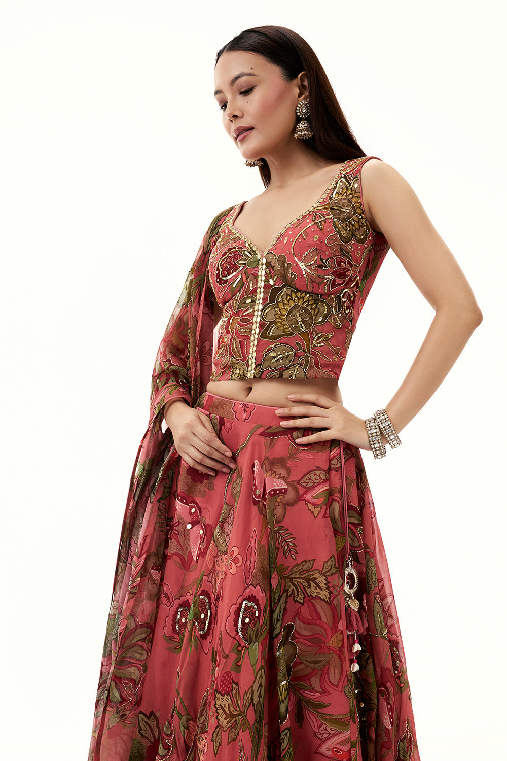 Salmon Pink Organza Lehenga with Mirror and Sequin Work