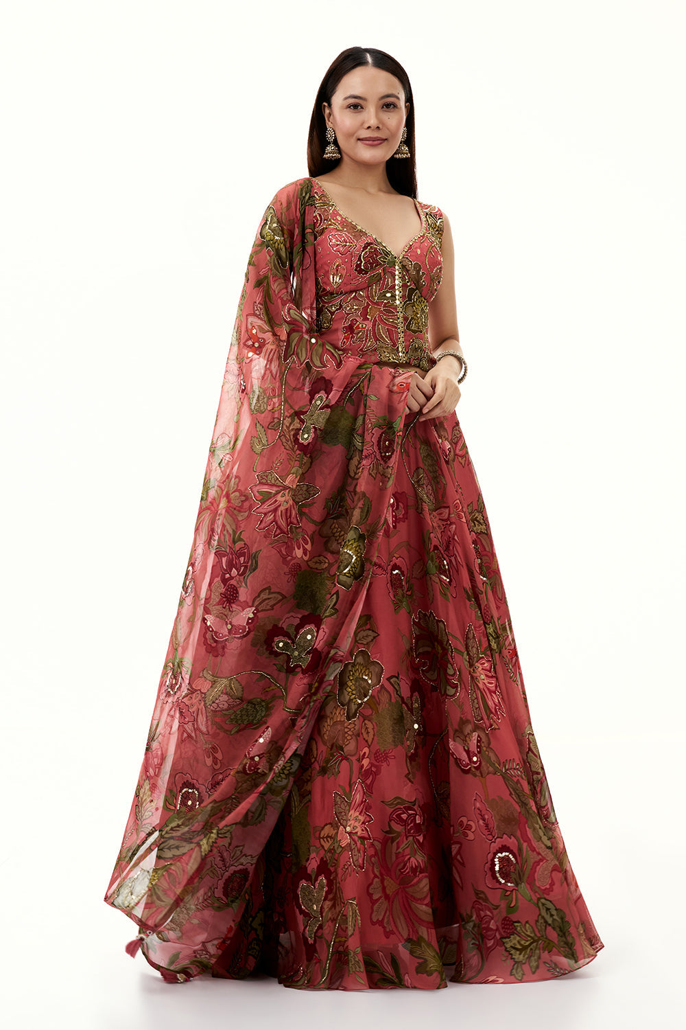 Salmon Pink Organza Lehenga with Mirror and Sequin Work