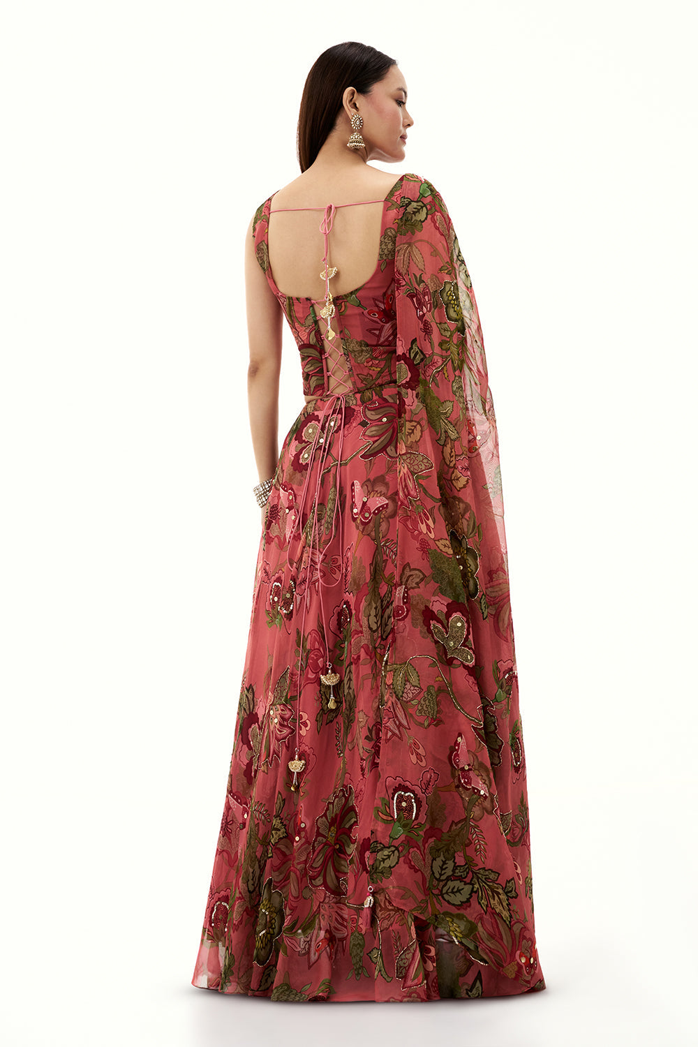 Salmon Pink Organza Lehenga with Mirror and Sequin Work