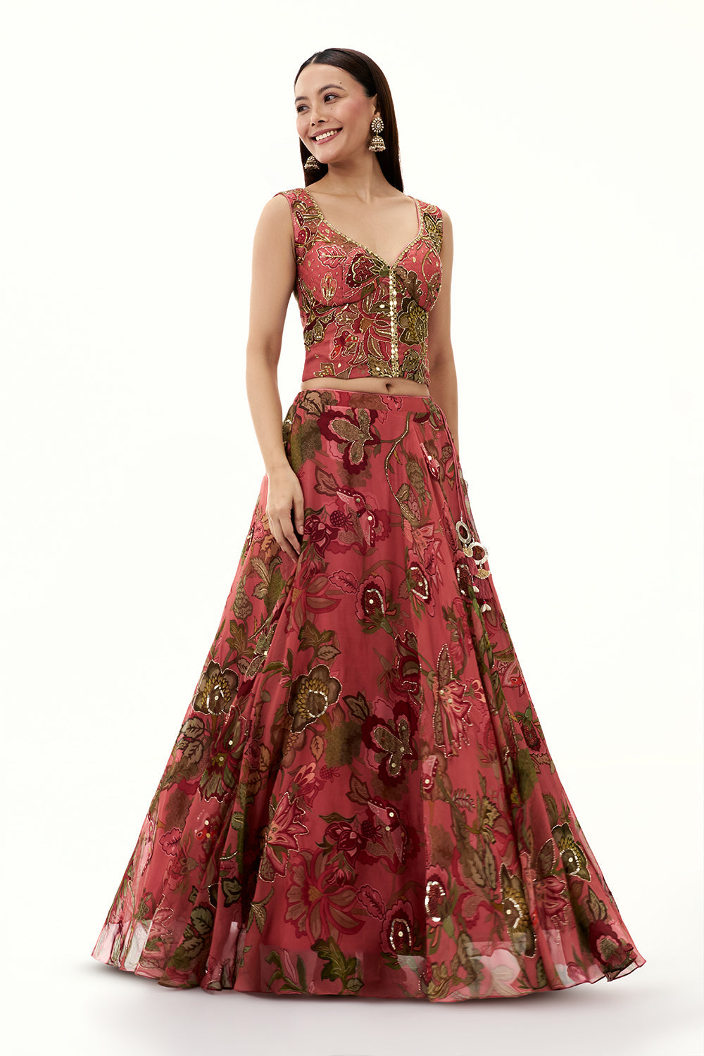 Salmon Pink Organza Lehenga with Mirror and Sequin Work