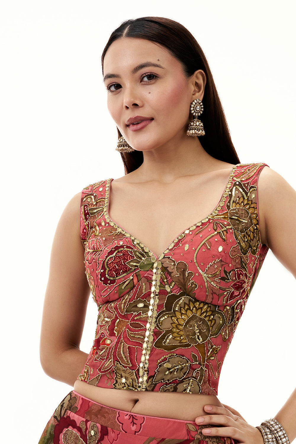 Salmon Pink Organza Lehenga with Mirror and Sequin Work