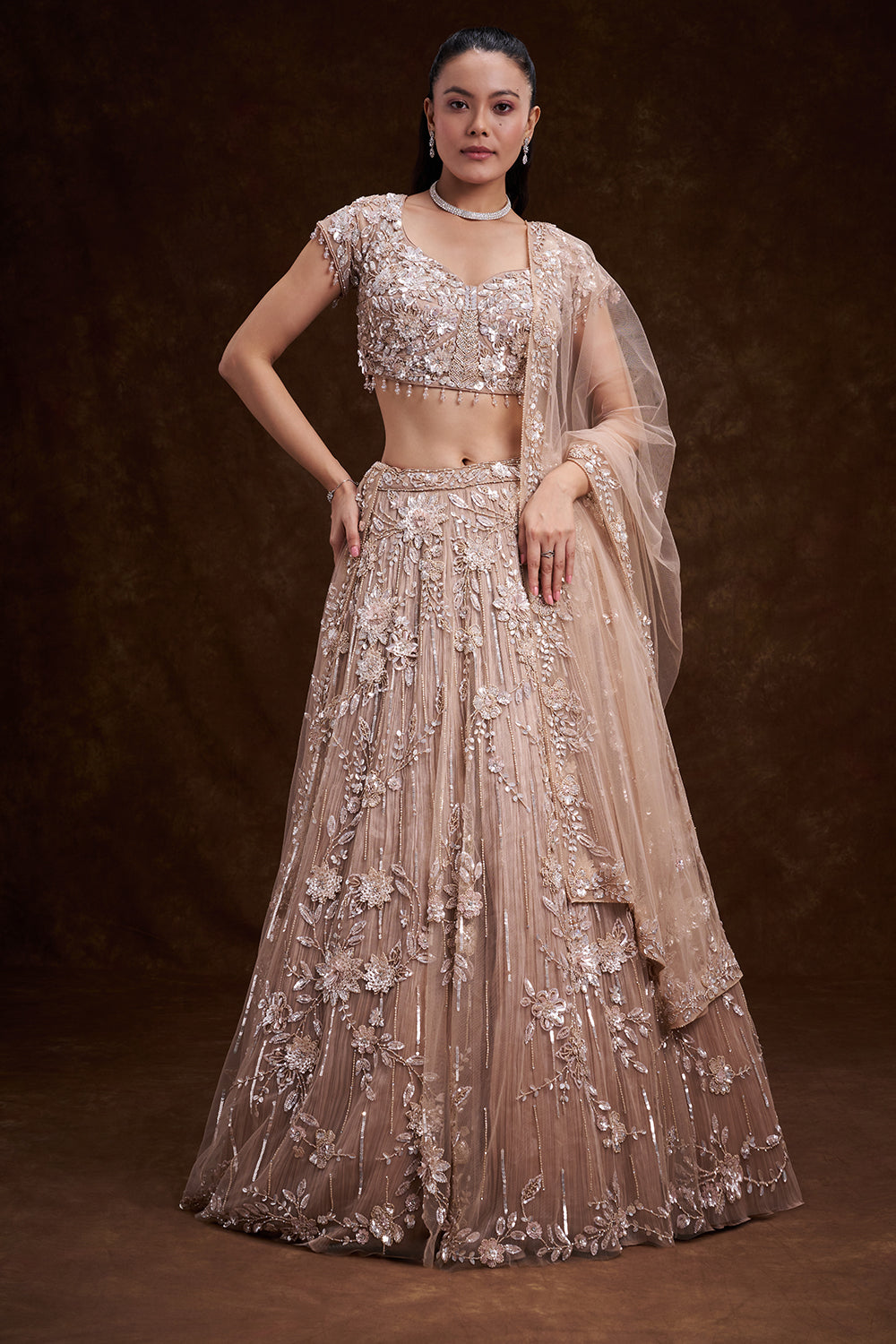 Sand Gold Net Bridal Lehenga with 3D Floral Embellishments