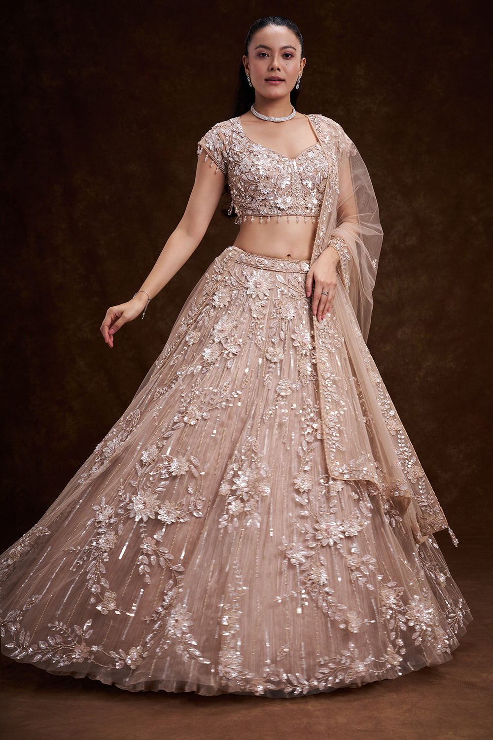 Sand Gold Net Bridal Lehenga with 3D Floral Embellishments