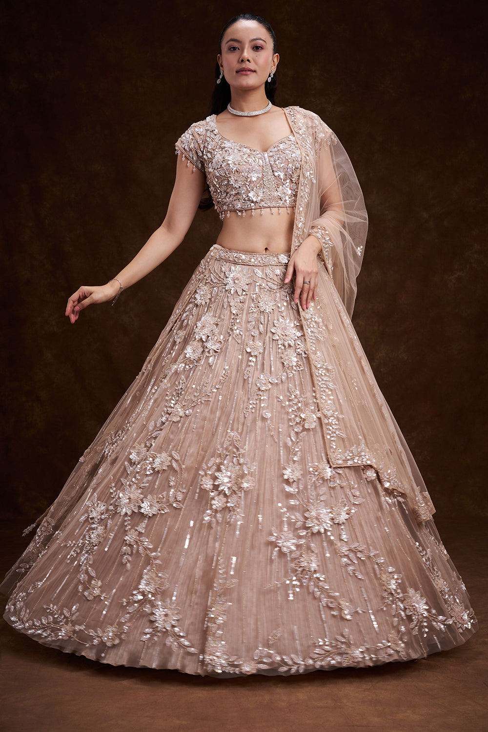 Sand Gold Net Bridal Lehenga with 3D Floral Embellishments