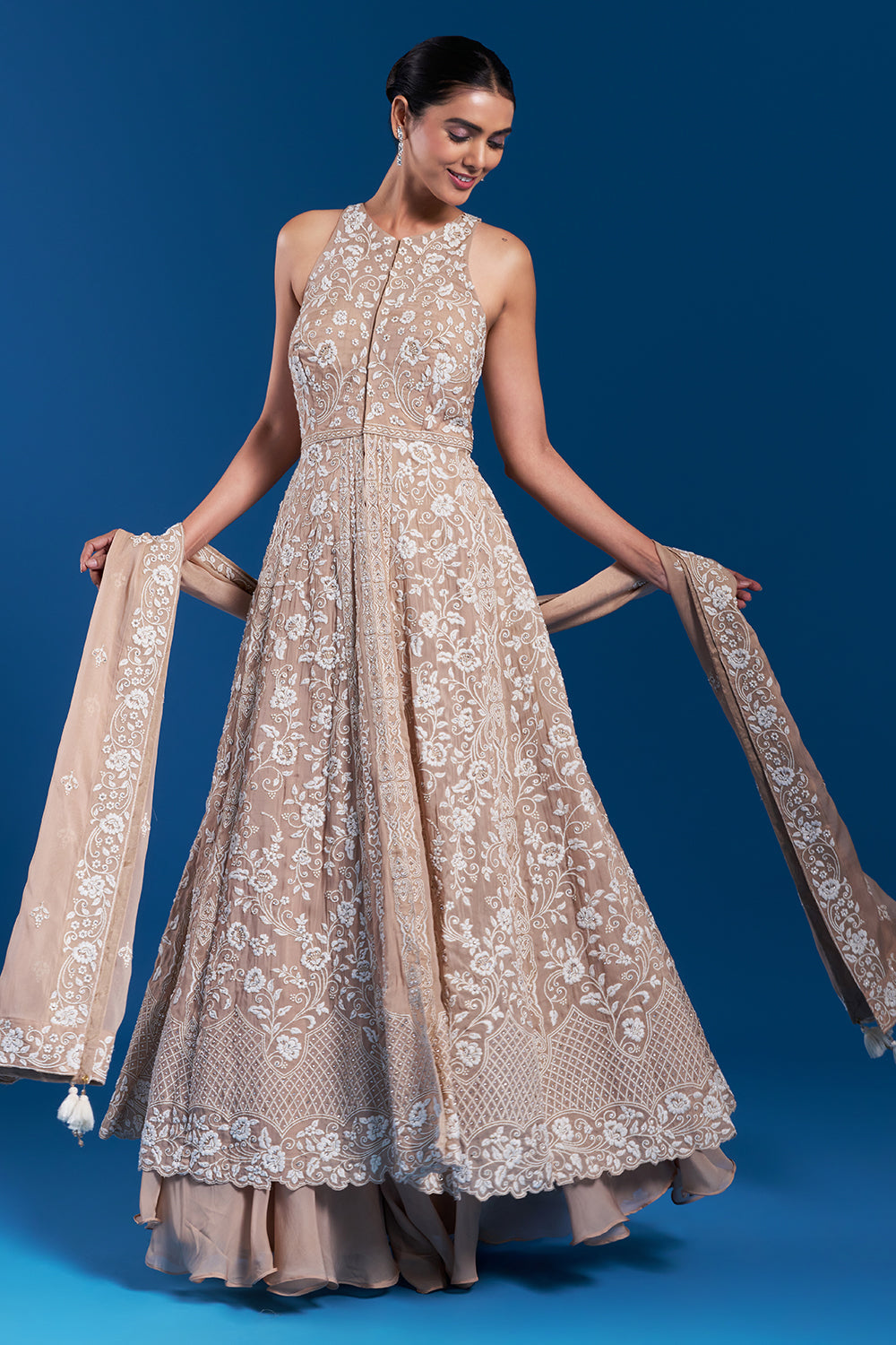 Sand Gold Organza Anarkali Set with Floral Pattern