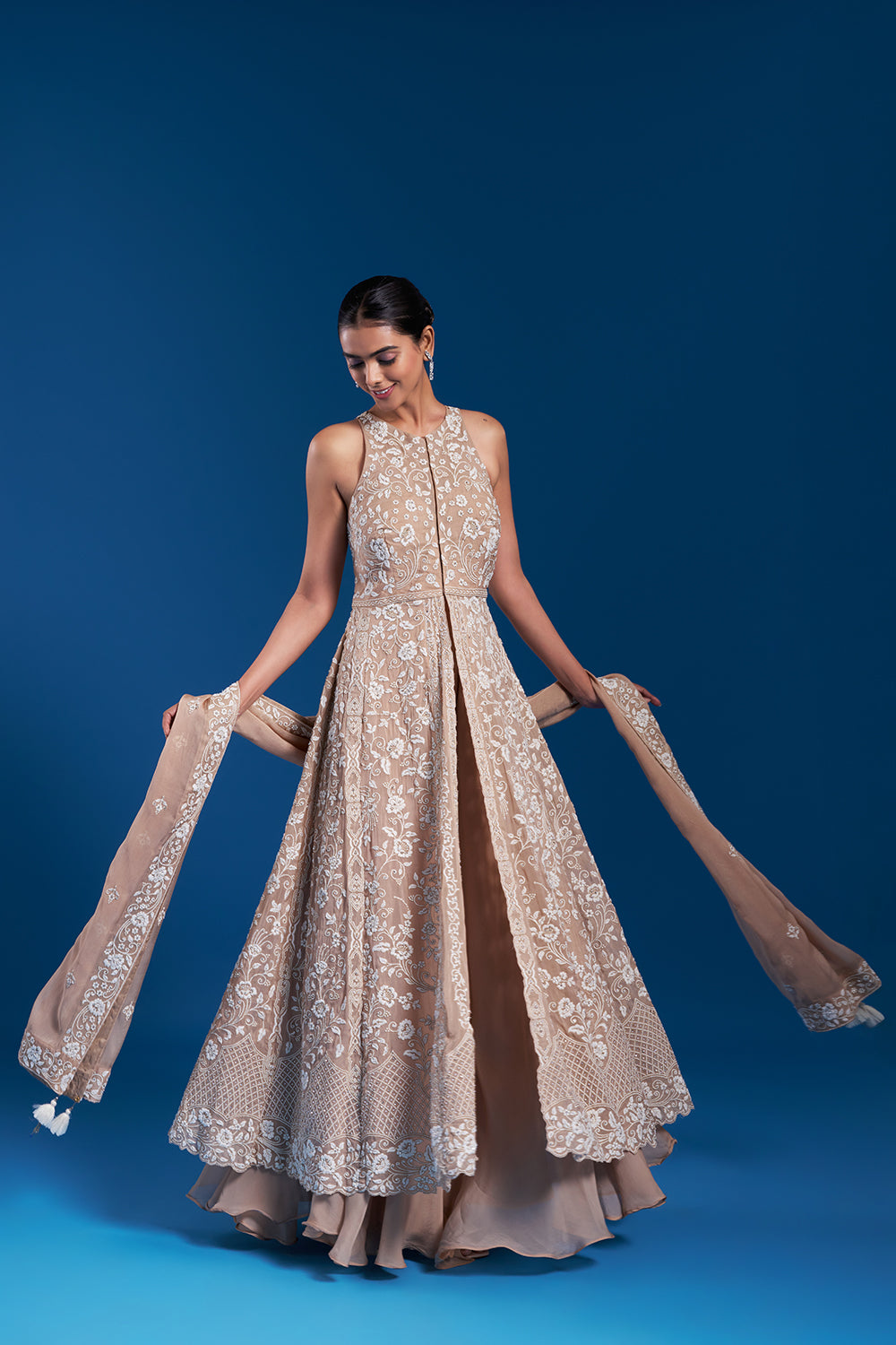 Sand Gold Organza Anarkali Set with Floral Pattern
