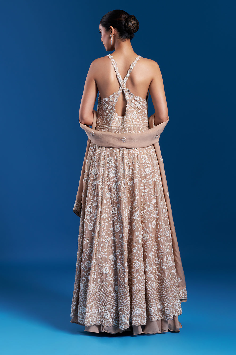 Sand Gold Organza Anarkali Set with Floral Pattern