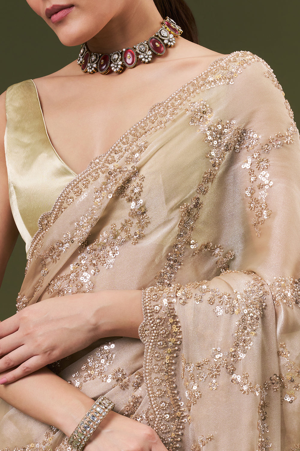 Sand Golden Organza Embroidered Saree with Sequin and Pearl Work