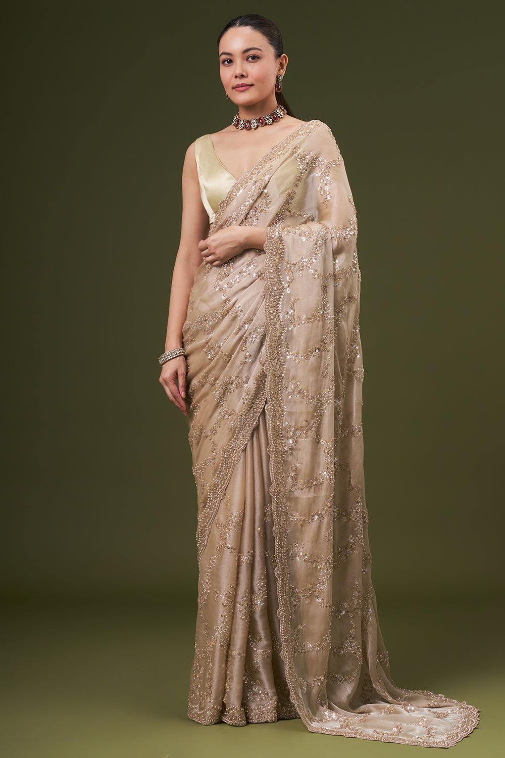 Sand Golden Organza Embroidered Saree with Sequin and Pearl Work